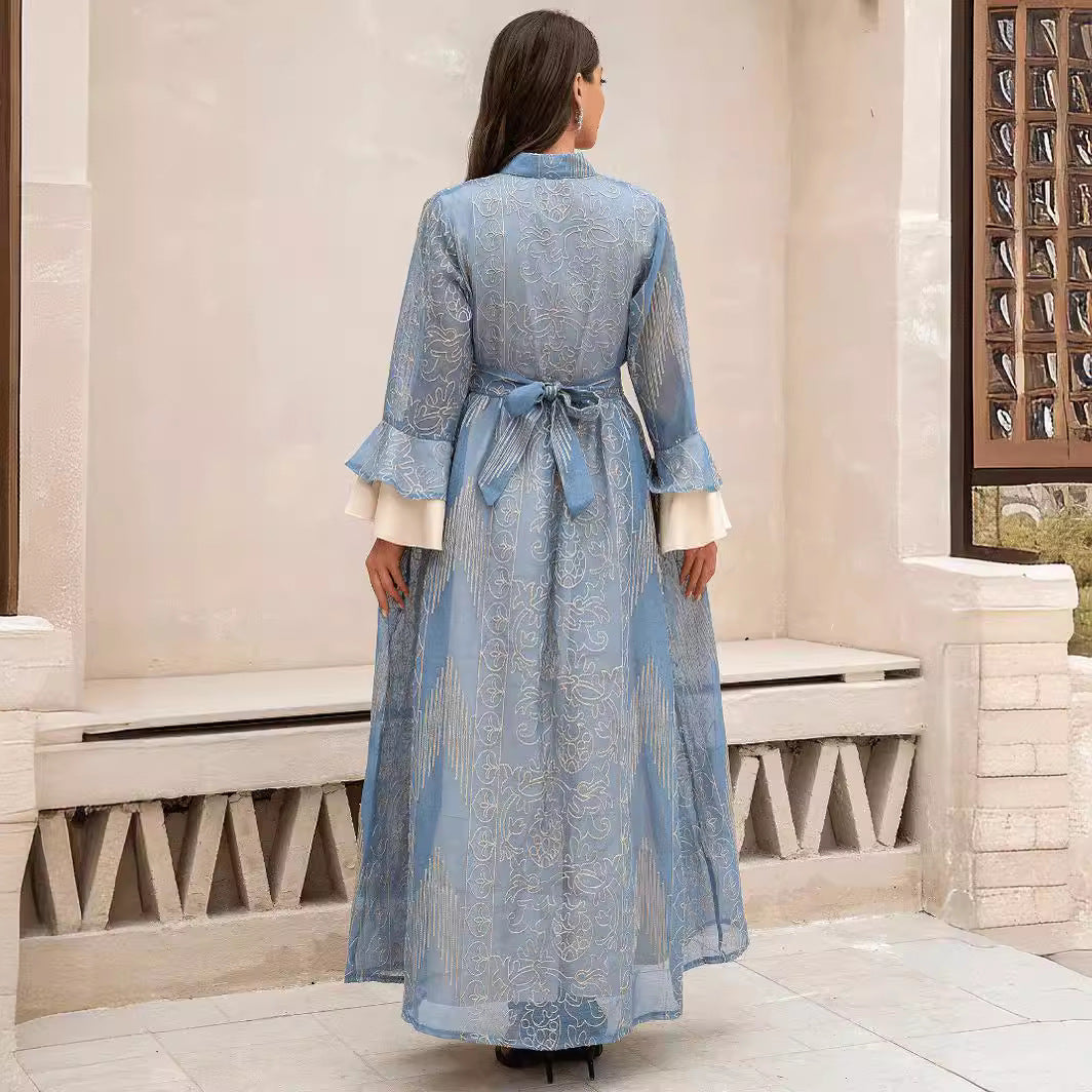 ZD001 Middle East Cross Border Evening Dress Muslim Women Robe Lotus Leaf Sleeve New Mesh Dress Abaya