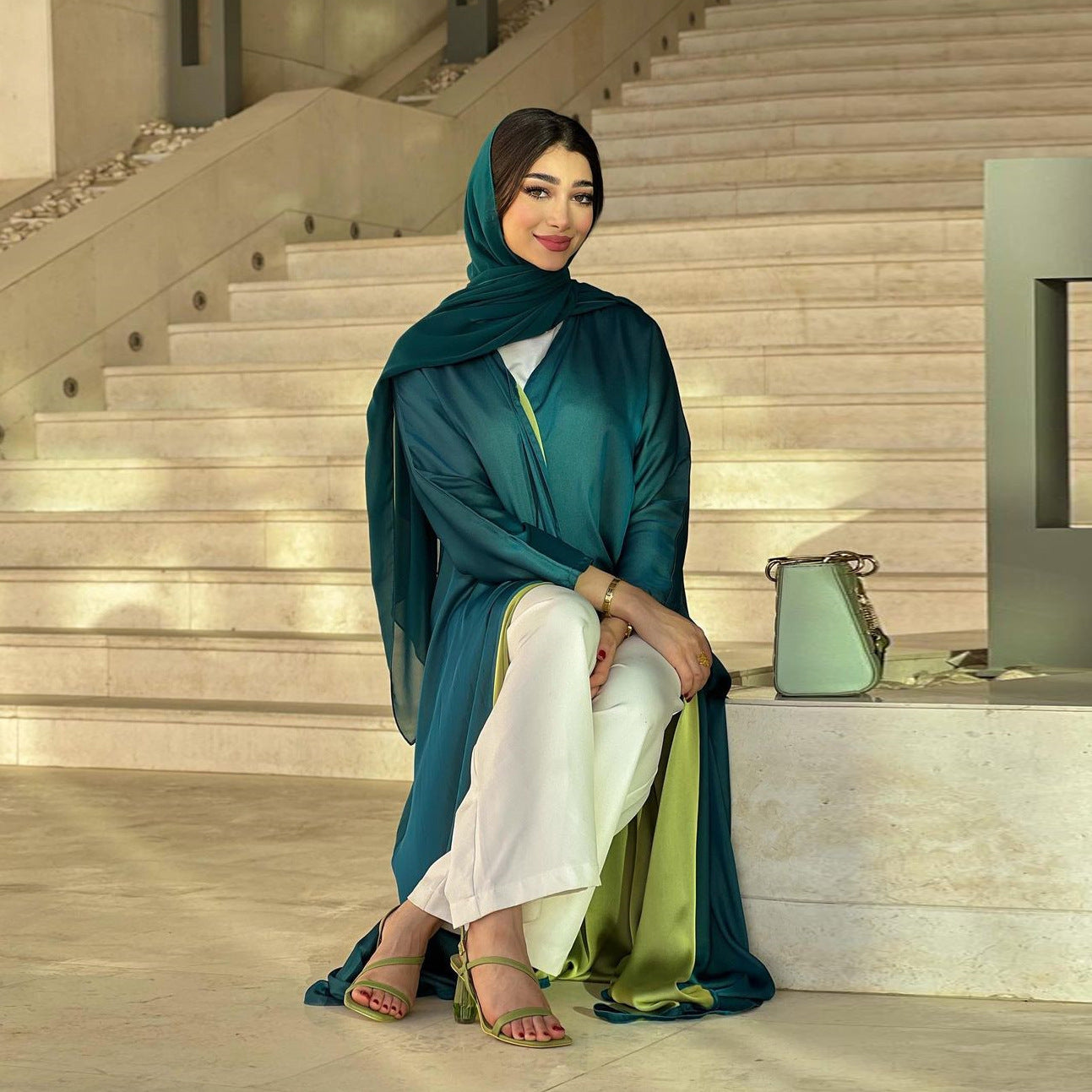 MQ080 Independent Station Middle East Abaya Colorblock Jacket Dubai Arabian Chiffon Dress Solid Color Robe