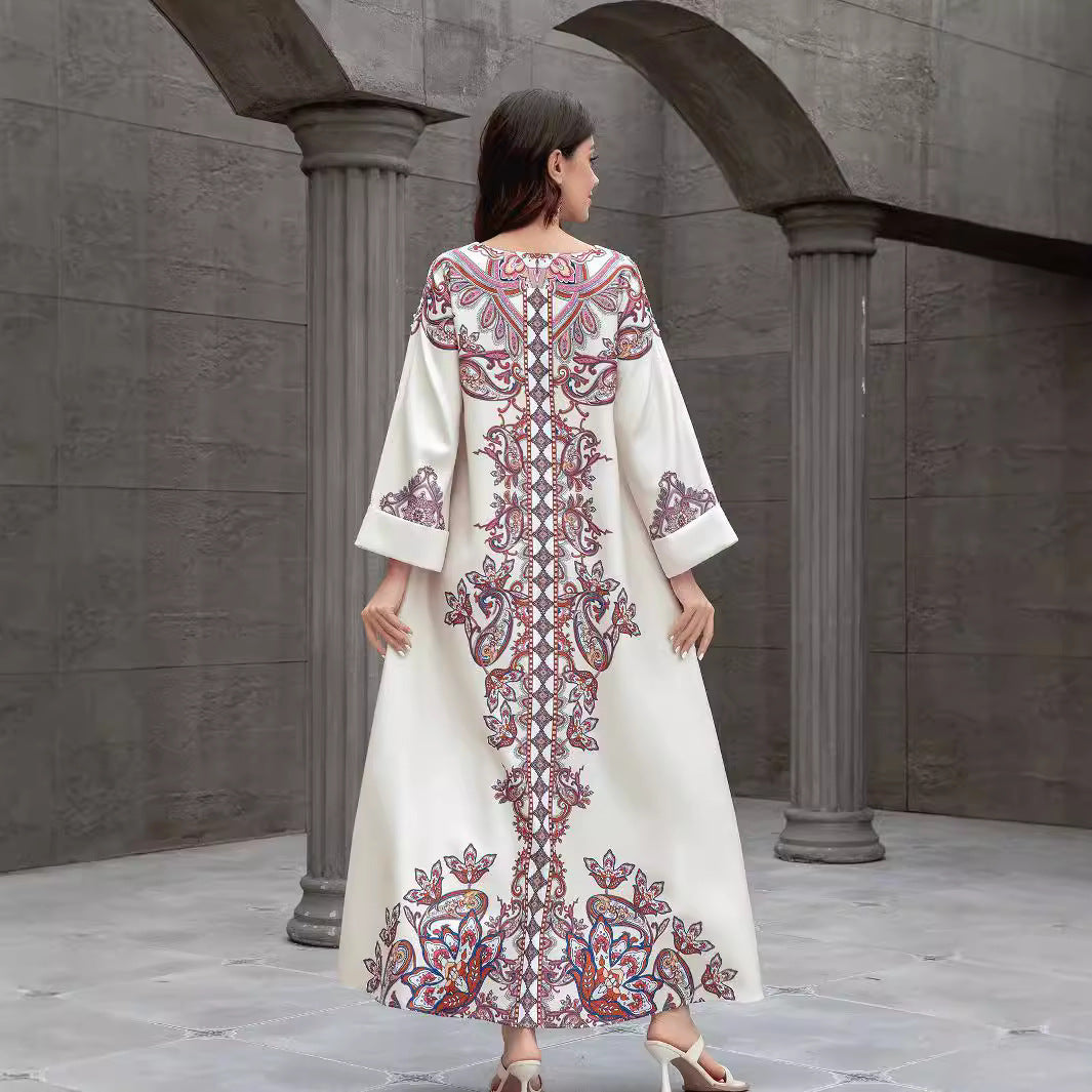 SW0826 Middle East Cross Border Muslim Women Robe Elegant Print Beaded Dress Dubai Foreign Trade Abaya