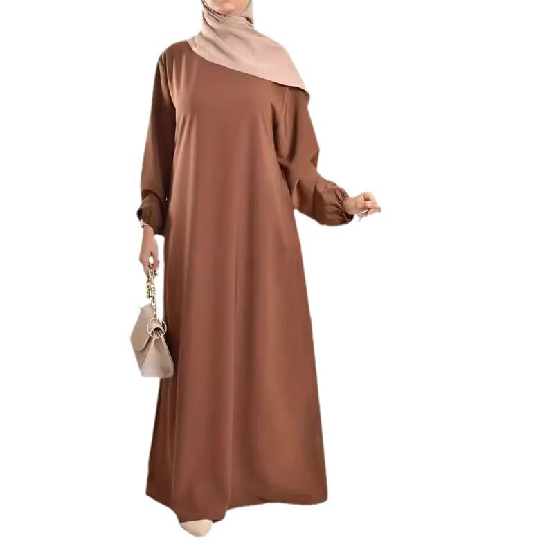 Muslim Robe Women Fashion Casual Solid Color Round Neck Long Sleeve Dress