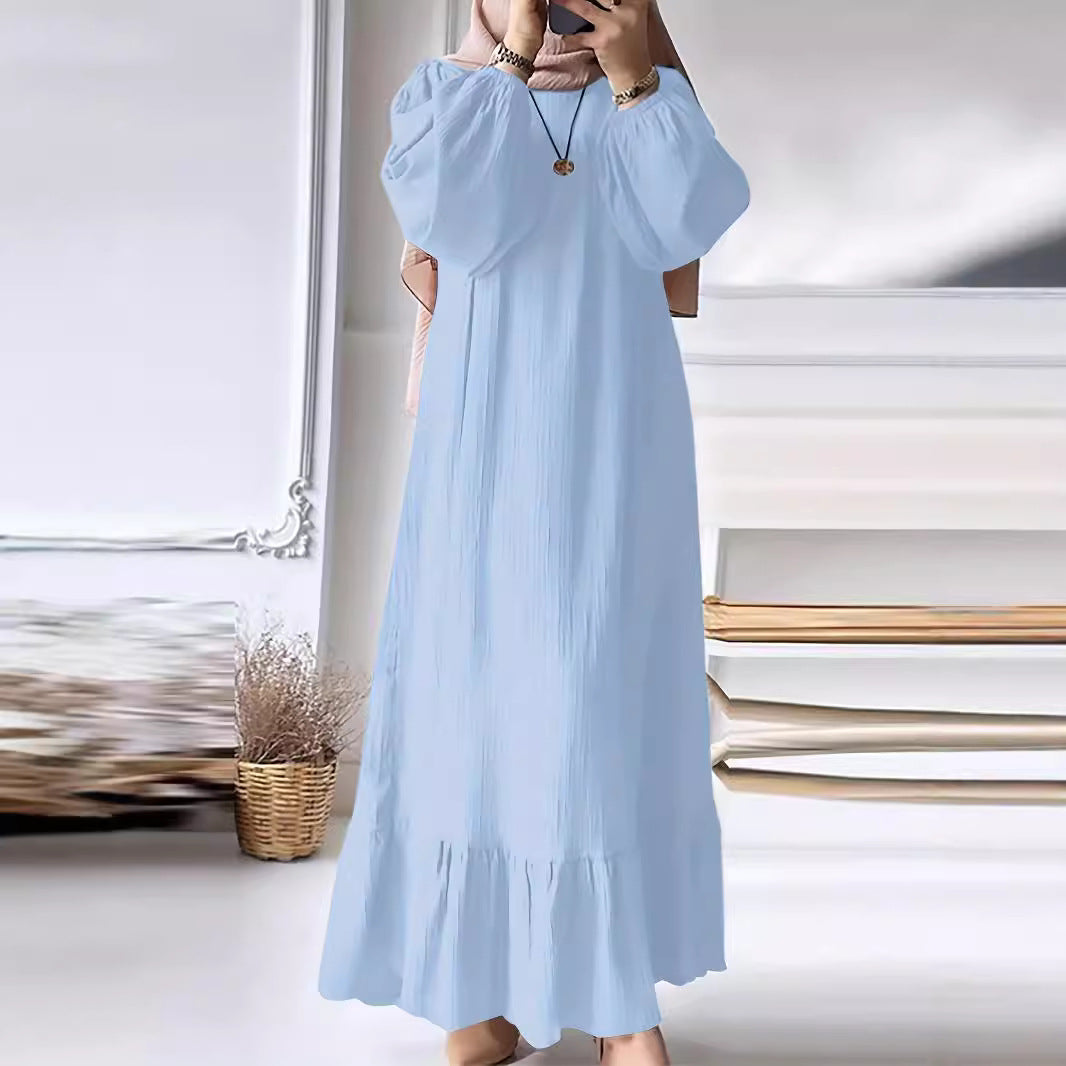 2024 Muslim Women&#039;s Robe Spring And Autumn New Fashion Puff Sleeve Vintage Pocket Hem Ruffled Dress