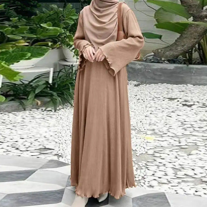 Muslim Middle East Southeast Asia Fashion Casual Pure Color Cotton Linen Loose Plus Size Pullover Dress