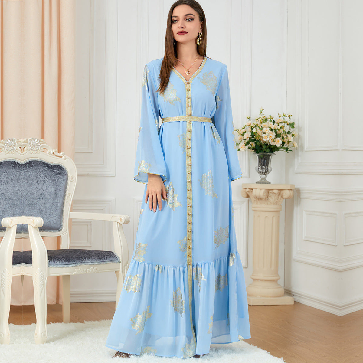 3203 Cross-border Middle East Muslim Women's Abaya Four Seasons Fashion Women's Wholesale Bronzing European And American Dress