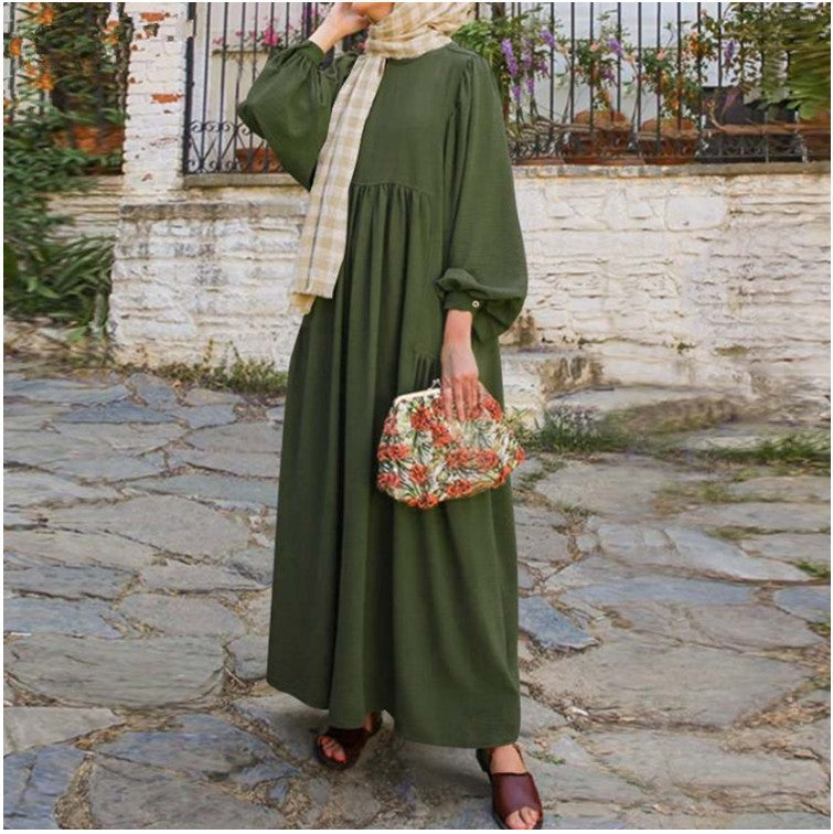 Shrimp Skin Middle Eastern Robe Muslim Women&#039;s Solid Long Pullover Round Neck Dress