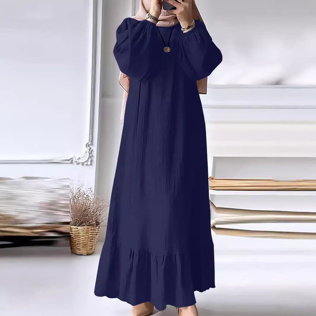 2024 Muslim Women&#039;s Robe Spring And Autumn New Fashion Puff Sleeve Vintage Pocket Hem Ruffled Dress