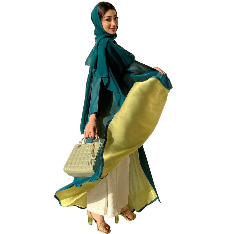 MQ080 Independent Station Middle East Abaya Colorblock Jacket Dubai Arabian Chiffon Dress Solid Color Robe