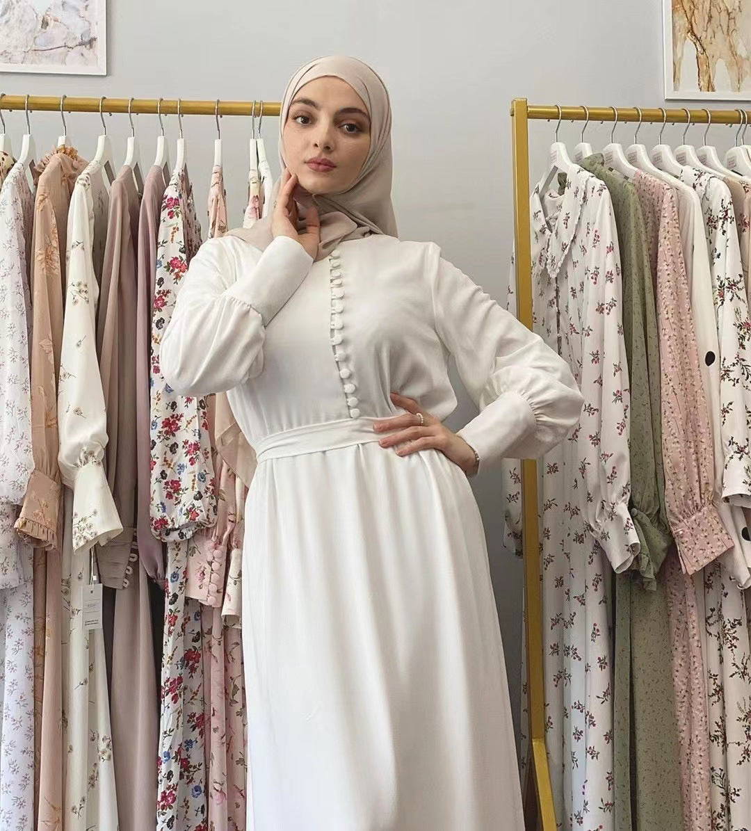 Spot Hot Sale Ethnic Long Sleeve Cotton Muslim Middle East Southeast Asia Four Seasons Universal Solid Color Dress ABAYA