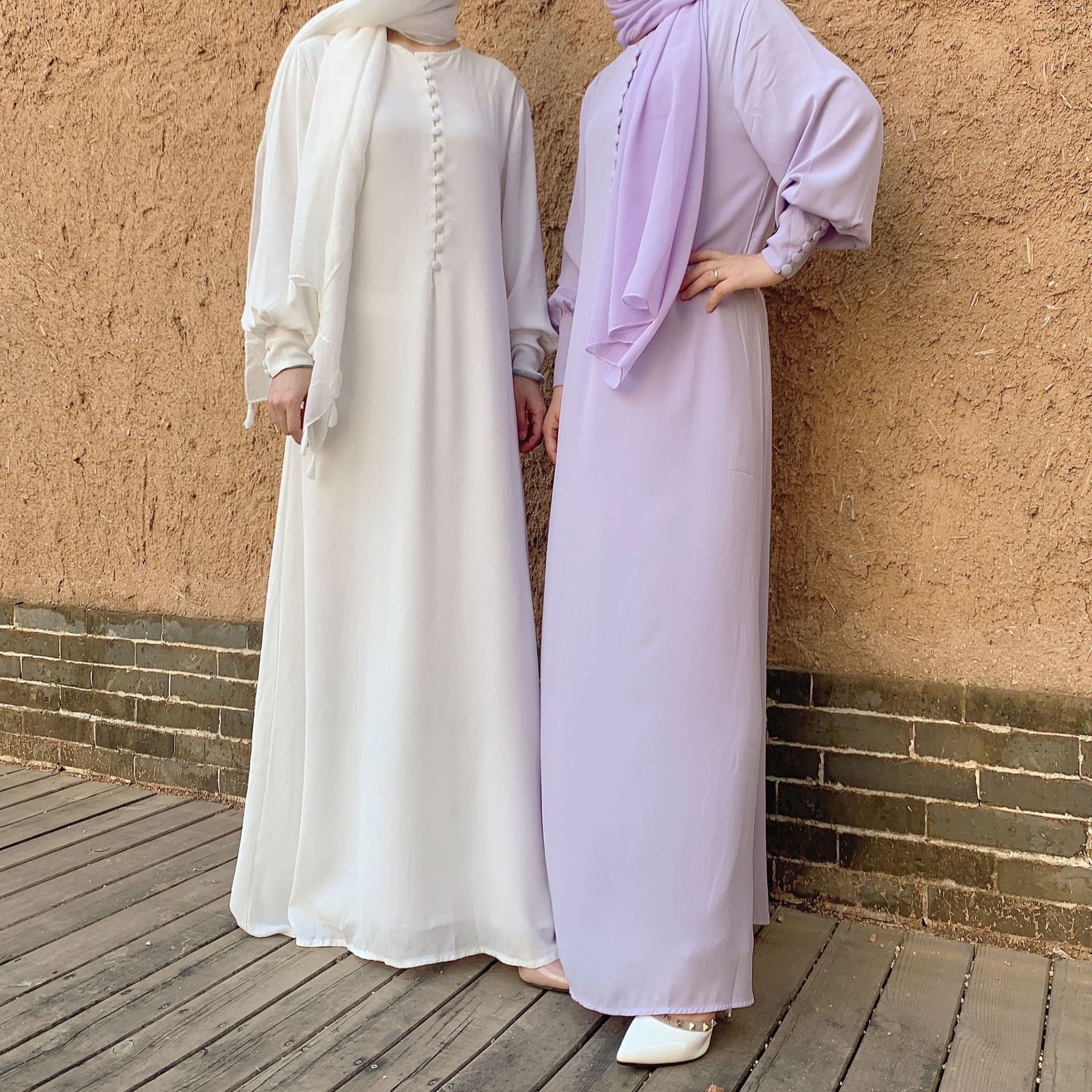 Spot Cross Border Dubai Muslim Women Dress Chiffon Long Sleeve Breasted Elegant Long Dress Muslim Abaya