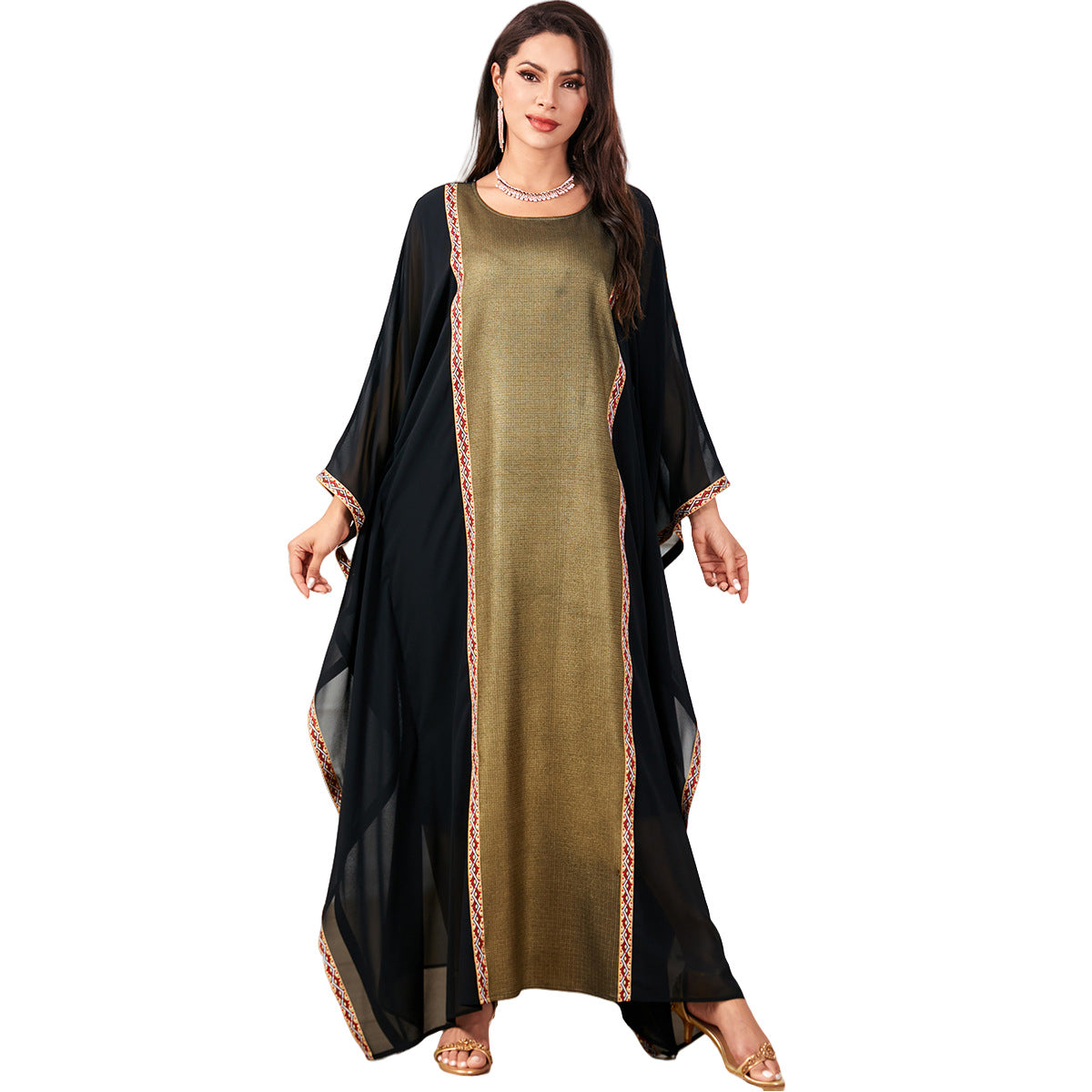 4001abaya Women's Middle East Foreign Trade Cross-border Long Dress Bronzing Ribbon Stitching Bat Sleeve Loose Dress