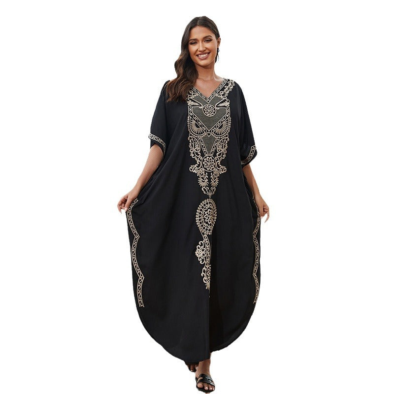 New Rayon Embroidered Loose Plus Size Robe Beach Blouse Vacation Jumpsuit Long Dress Bikini Outer Wear Cross-border