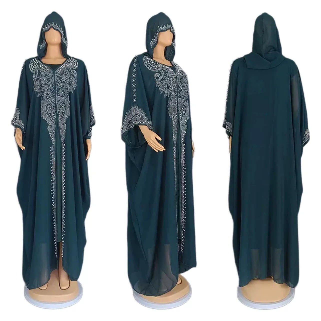 2024 European And American New Rhinestone Studded Beaded Muslim Long Burqa African Plus Size Women's Hooded Dress