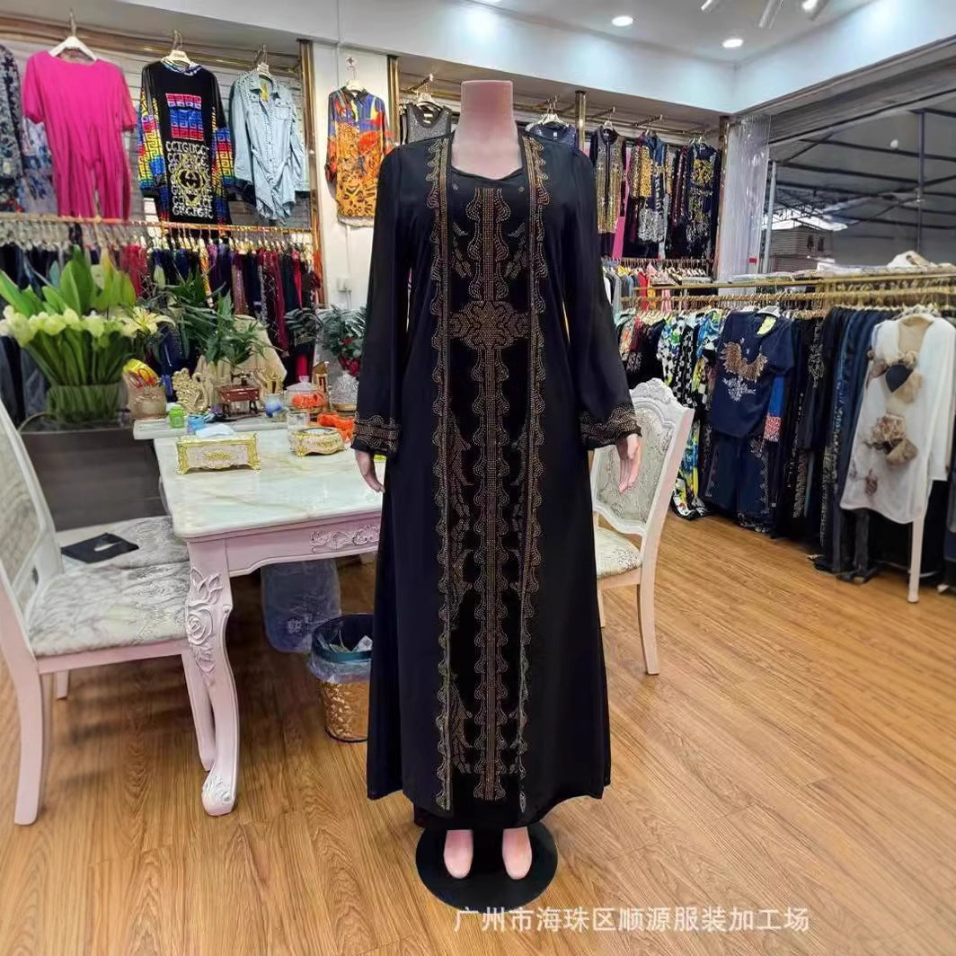 Cross-border European And American Clavicle Black Cardigan Mother Plus Size Hot Diamond Printed Heavy Silk Dress Two-piece Set