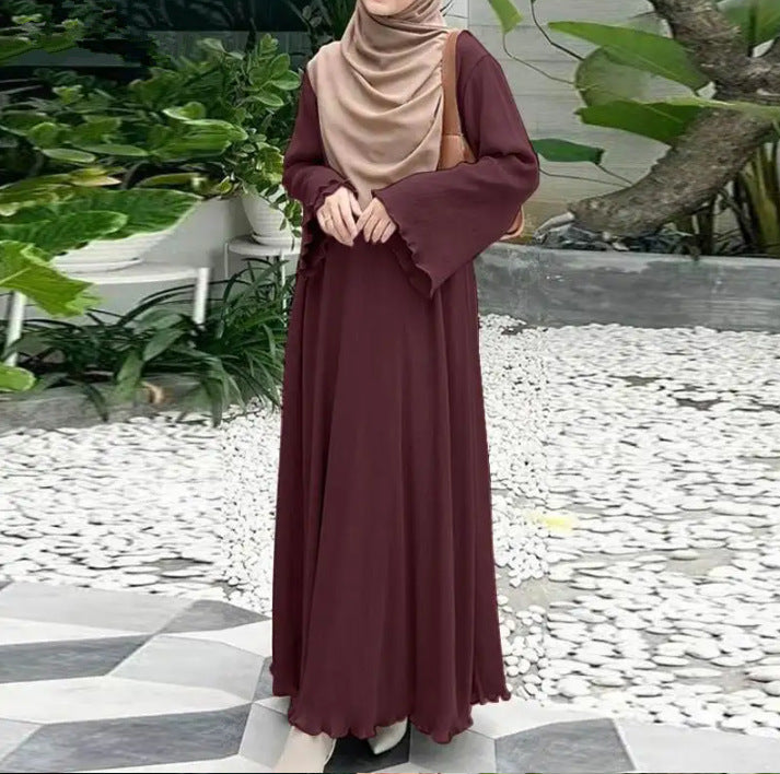 Muslim Middle East Southeast Asia Fashion Casual Pure Color Cotton Linen Loose Plus Size Pullover Dress