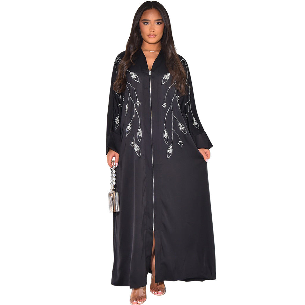 XQY500329 Cross Border Middle East Muslim Women's Robe Abaya Fashion Waldo Satin Rhinestone Zip Long Dress