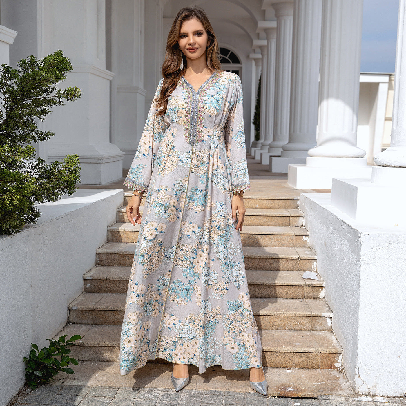 Cross Border Trade Muslim Robe Women Abaya Dubai Loose Evening Dress Printing Dress Wholesale