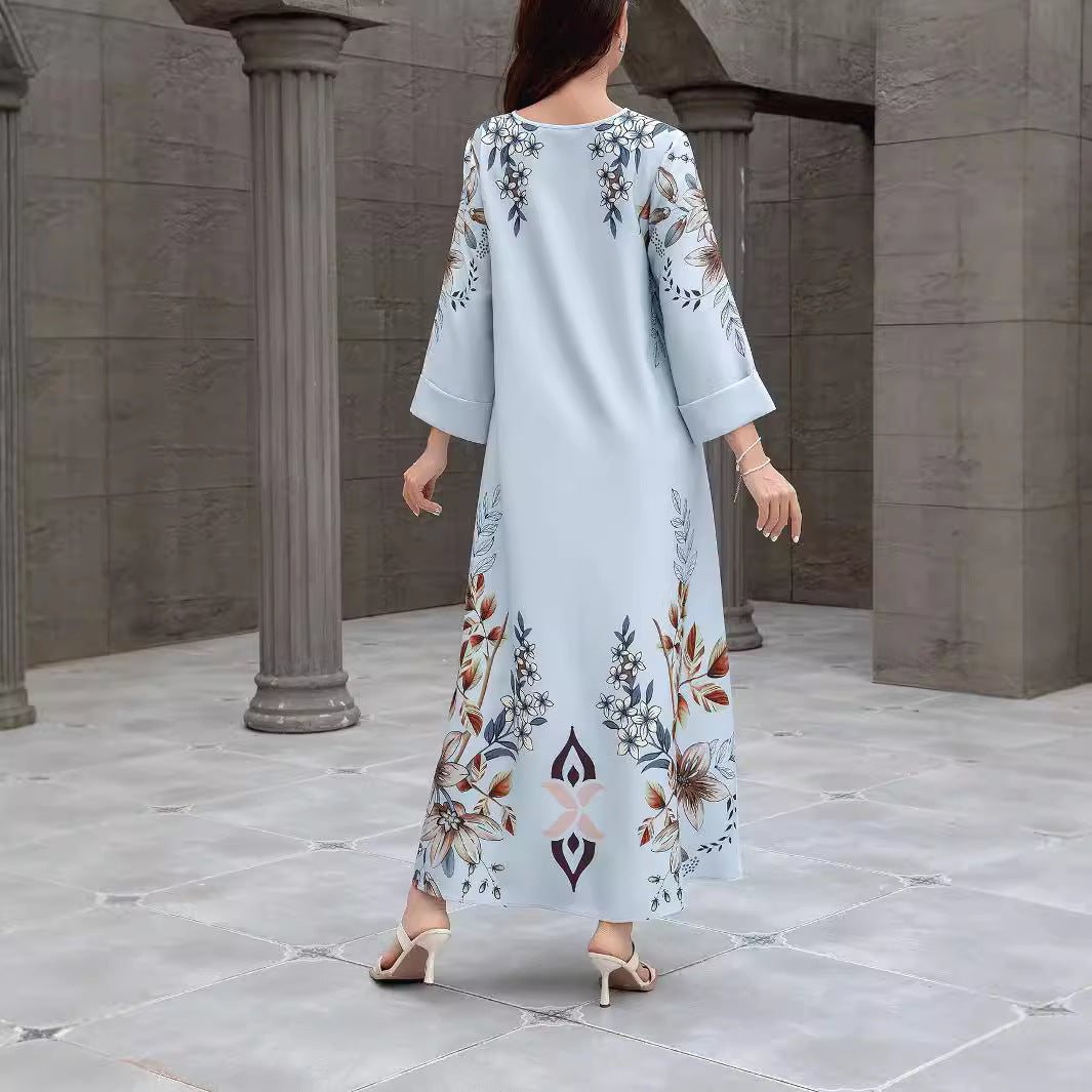 SW0832 Middle East Cross Border Muslim Women Robe Abaya Hot Rhinestone Print Dress AliExpress Foreign Trade