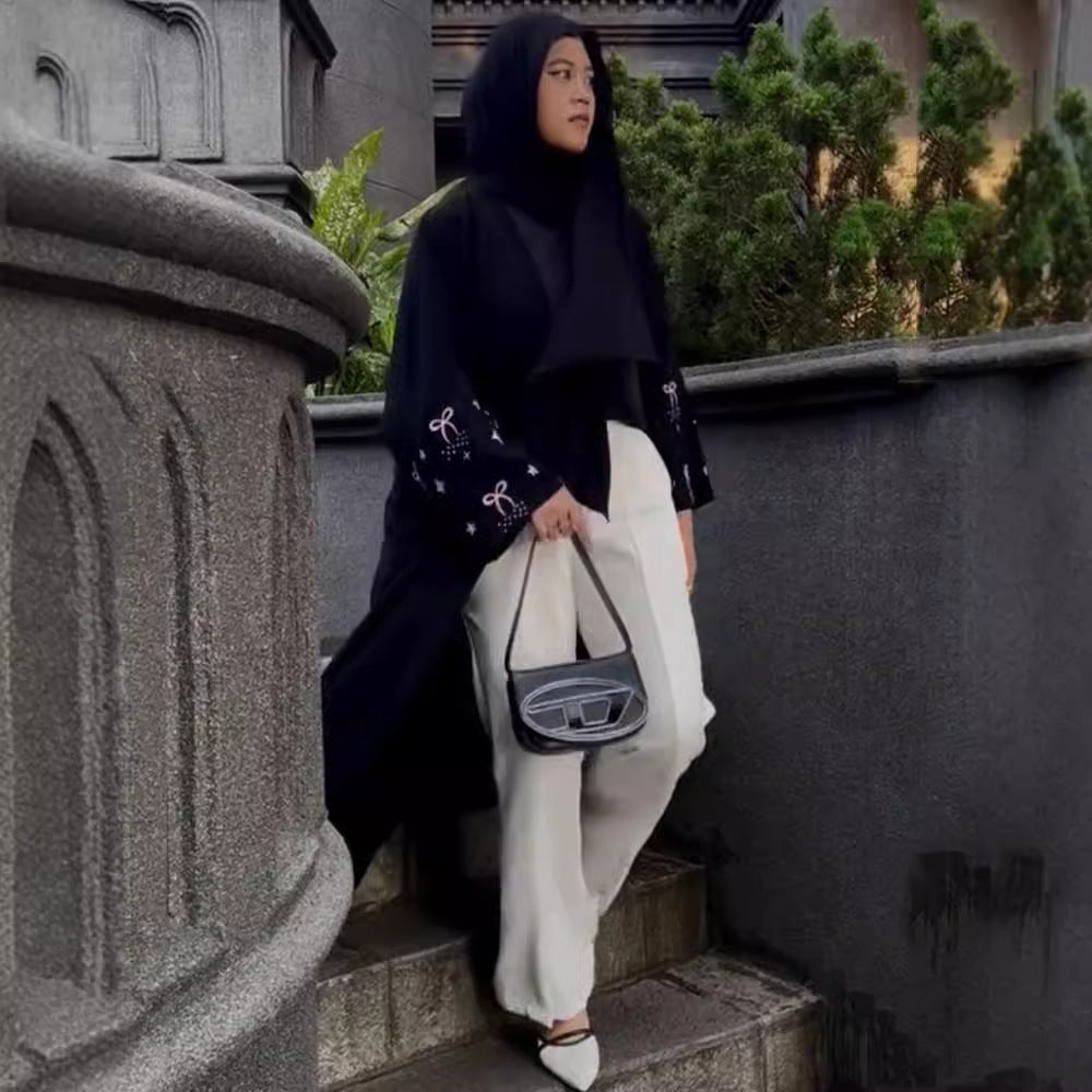 F429 Foreign Trade Cross-border E-commerce Dubai Arab Embroidered Hot Rhinestone Robe Fashion Outer Wear Abaya Robe In Stock