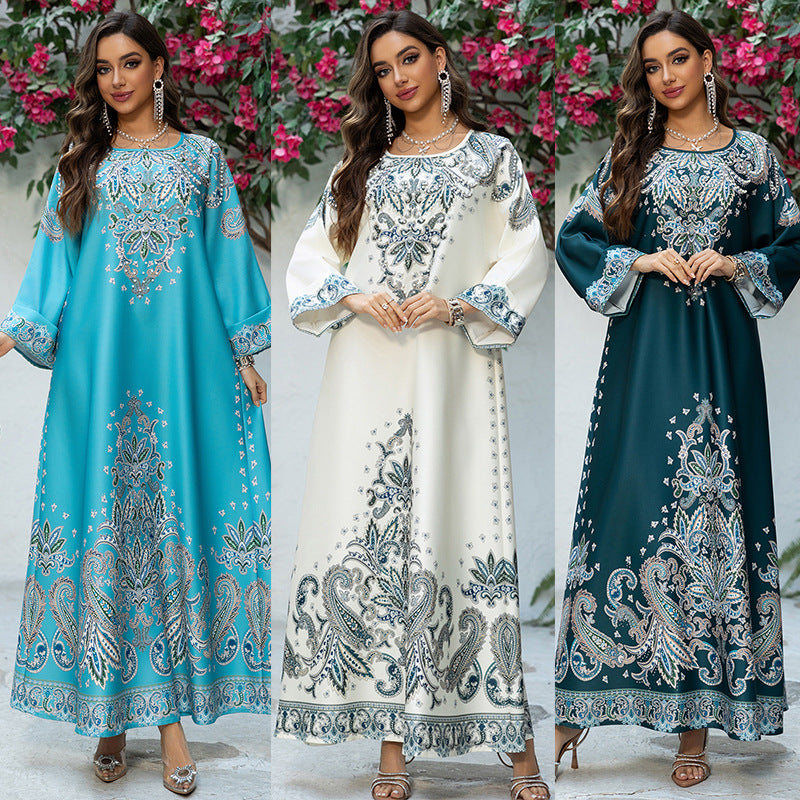 AB425 Cross Border Muslim Robe Printed Dubai Women's Dress Middle East Foreign Trade Hot Diamond Skirt Jalabiya