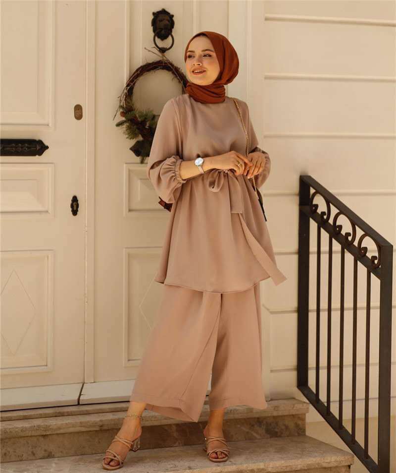 TIKTOK Cross Border Malay Indonesian Muslim Women's Solid Color Lace-up Casual Set Muslim Abaya