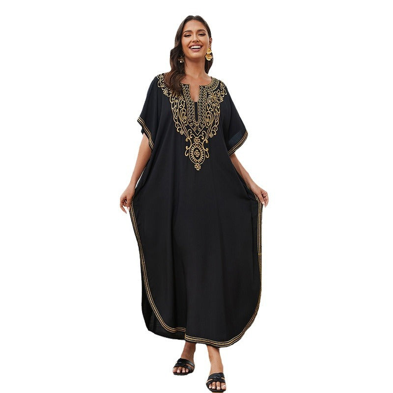 Cross-border European And American Cotton Embroidered Holiday Loose Plus Size Jumpsuit Long Dress Beach Coat Women's Robe Bikini Blouse