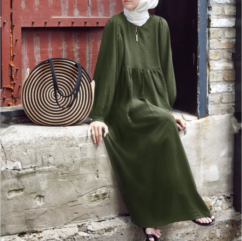 Shrimp Skin Middle Eastern Robe Muslim Women&#039;s Solid Long Pullover Round Neck Dress