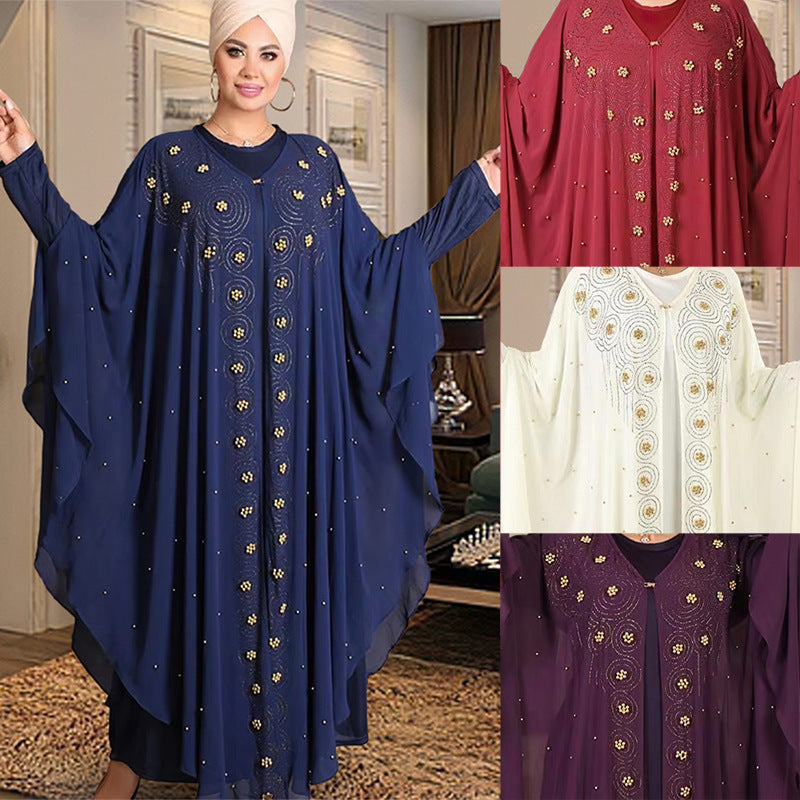 African Plus Size Arab Women's Clothing Abaya Long Gown European And American Cross-border Women's Chiffon Rhinestone Dress 8943#