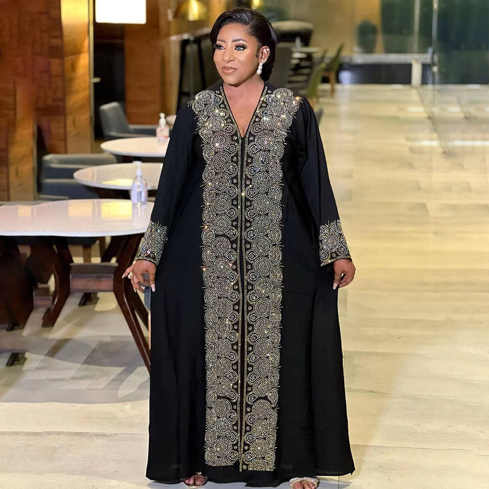 Foreign Trade African Ethnic Style Dress Middle East Muslim Style Robe Fashion V-Neck Rhinting Source Source