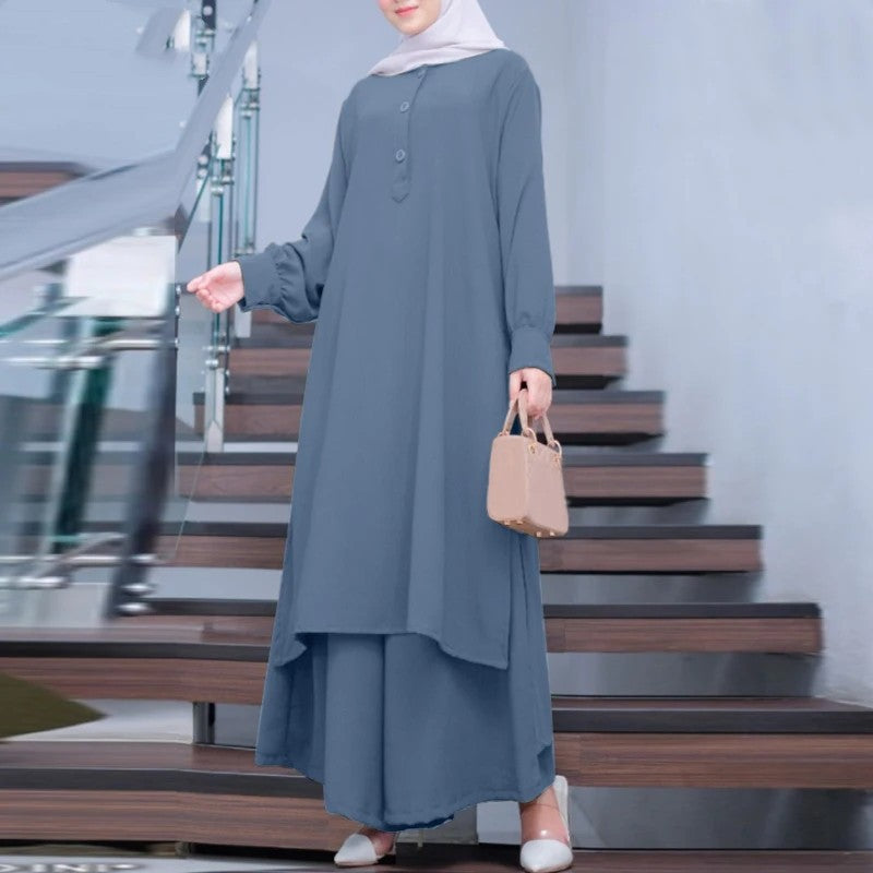 Muslim Solid Color Women&#039;s Two-piece Casual Loose Long-sleeved Wide-leg Pants Suit