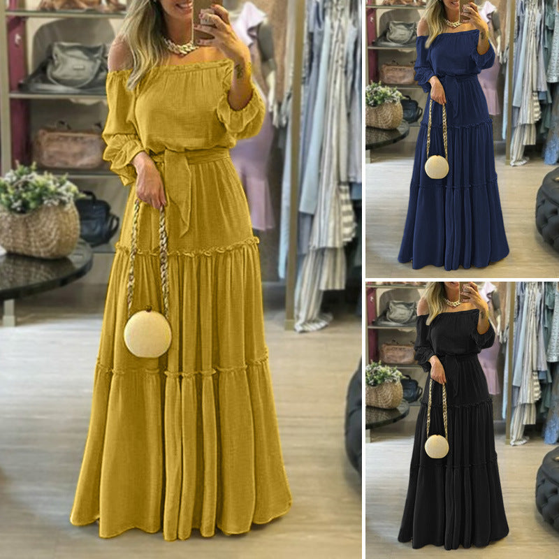 Abaya Summer And Autumn Bohemian Sexy Open-shoulder Bronzing Polo Dot Lace-up Ruffled Long Dress Women's Dress