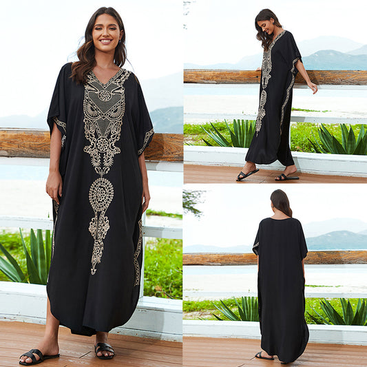 New Rayon Embroidered Loose Plus Size Robe Beach Blouse Vacation Jumpsuit Long Dress Bikini Outer Wear Cross-border