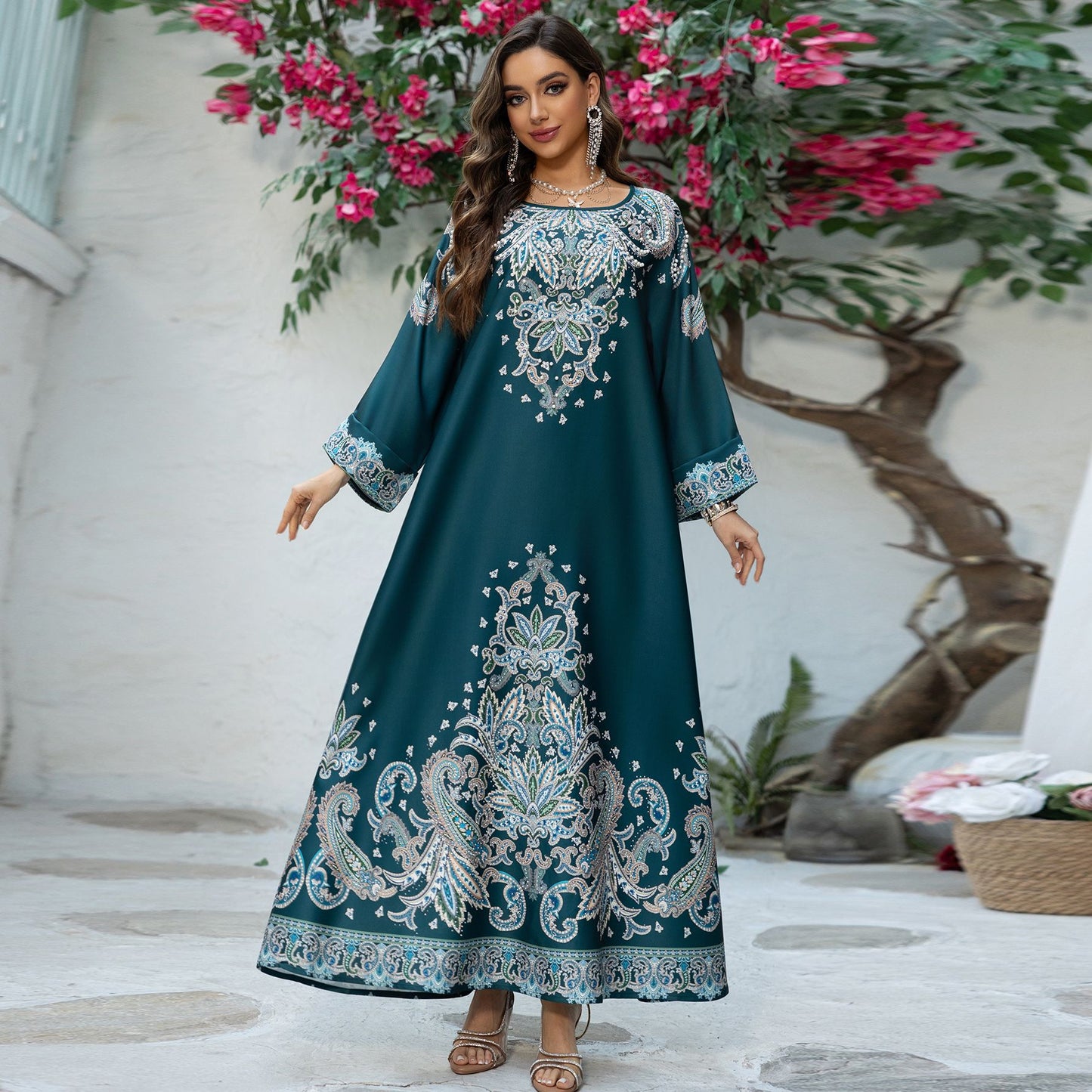 AB425 Cross Border Muslim Robe Printed Dubai Women's Dress Middle East Foreign Trade Hot Diamond Skirt Jalabiya