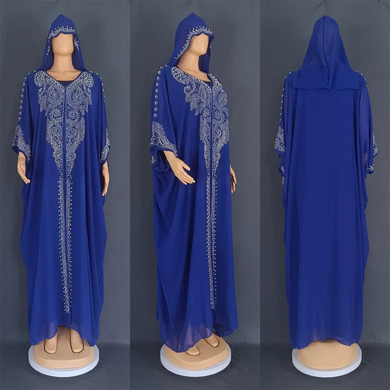 2024 European And American New Rhinestone Studded Beaded Muslim Long Burqa African Plus Size Women's Hooded Dress