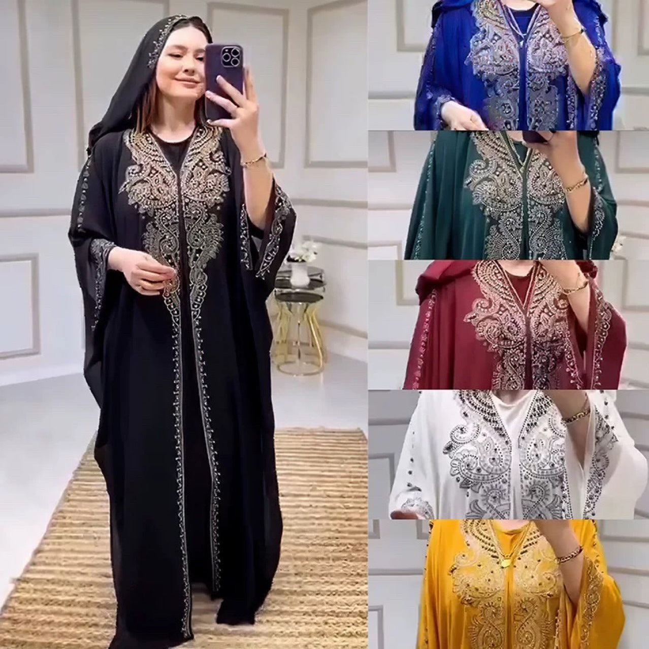 2024 European And American New Rhinestone Studded Beaded Muslim Long Burqa African Plus Size Women's Hooded Dress