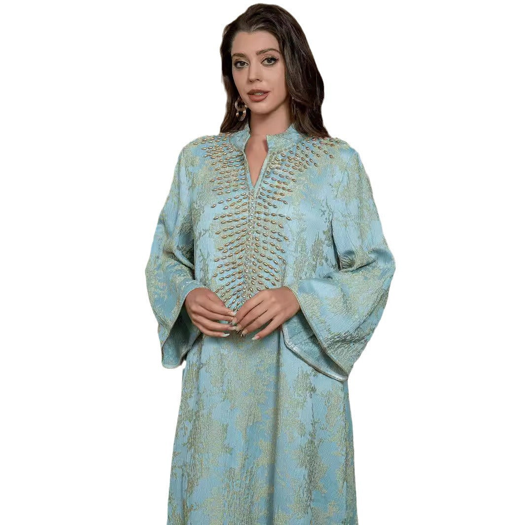 ZD005 Middle East Cross-border Foreign Trade Muslim Jacquard Embroidery Dress Bead Fashion Women's Robe Abaya