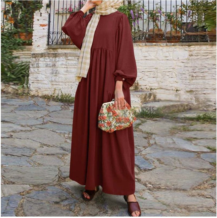 Shrimp Skin Middle Eastern Robe Muslim Women&#039;s Solid Long Pullover Round Neck Dress