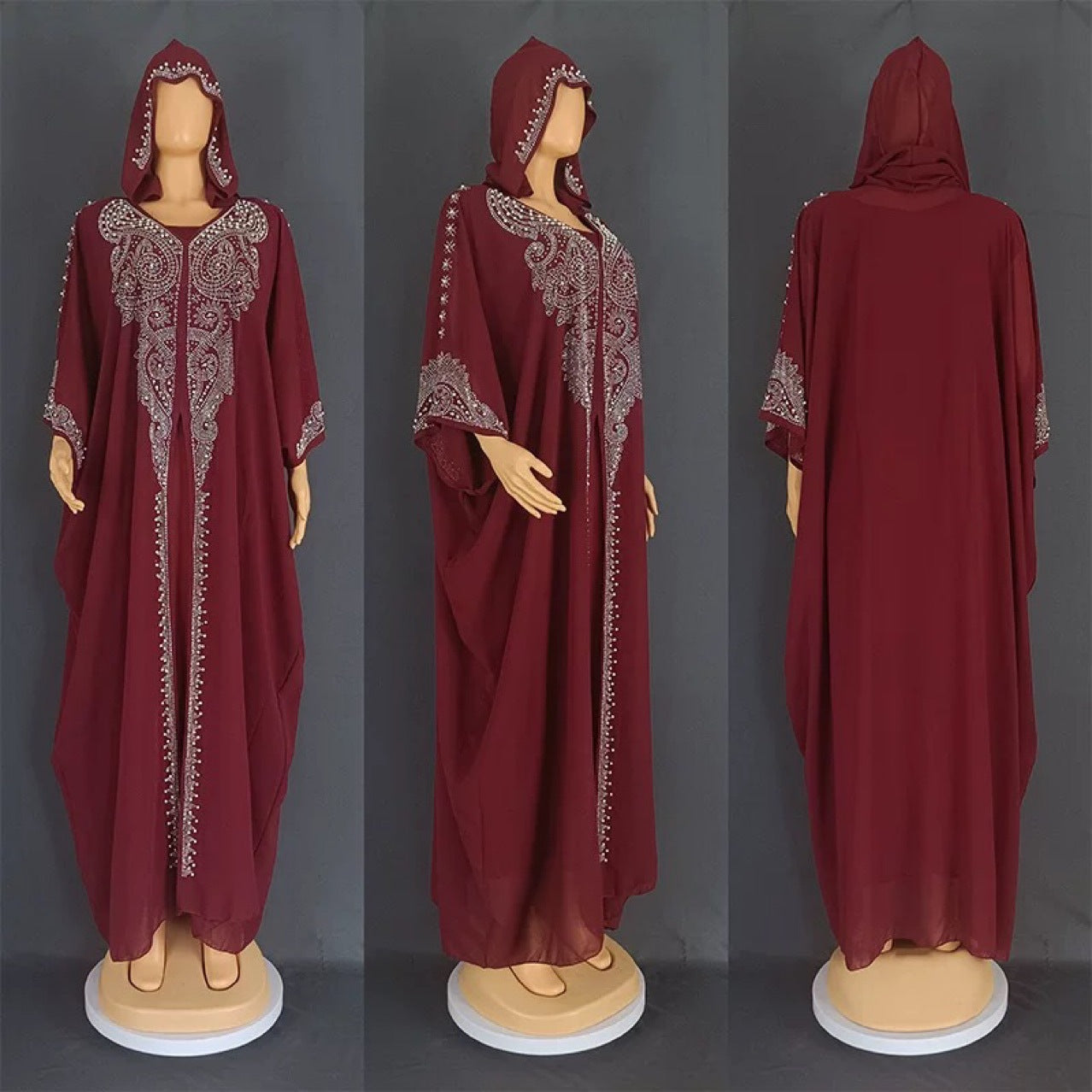 2024 European And American New Rhinestone Studded Beaded Muslim Long Burqa African Plus Size Women's Hooded Dress