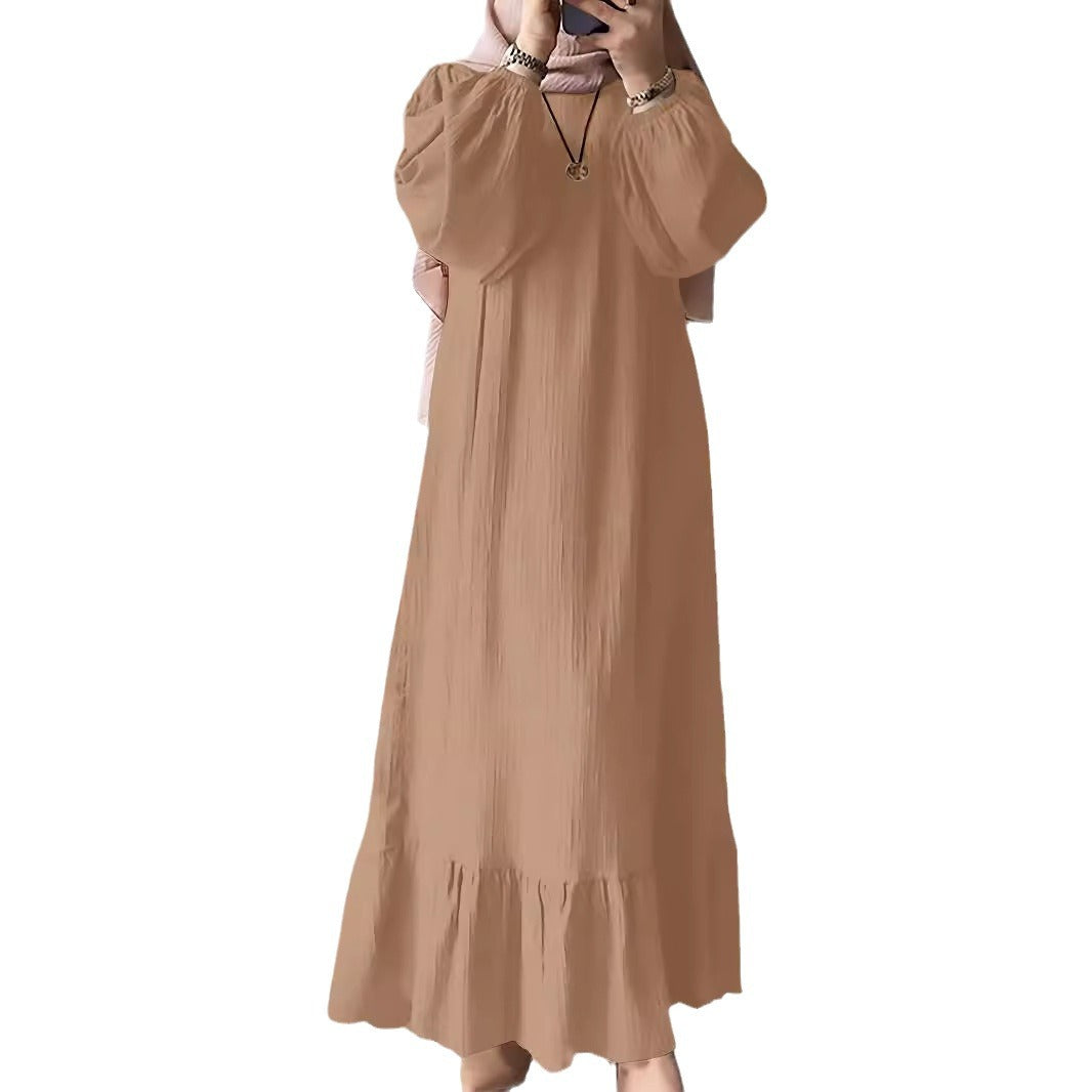 2024 Muslim Women&#039;s Robe Spring And Autumn New Fashion Puff Sleeve Vintage Pocket Hem Ruffled Dress