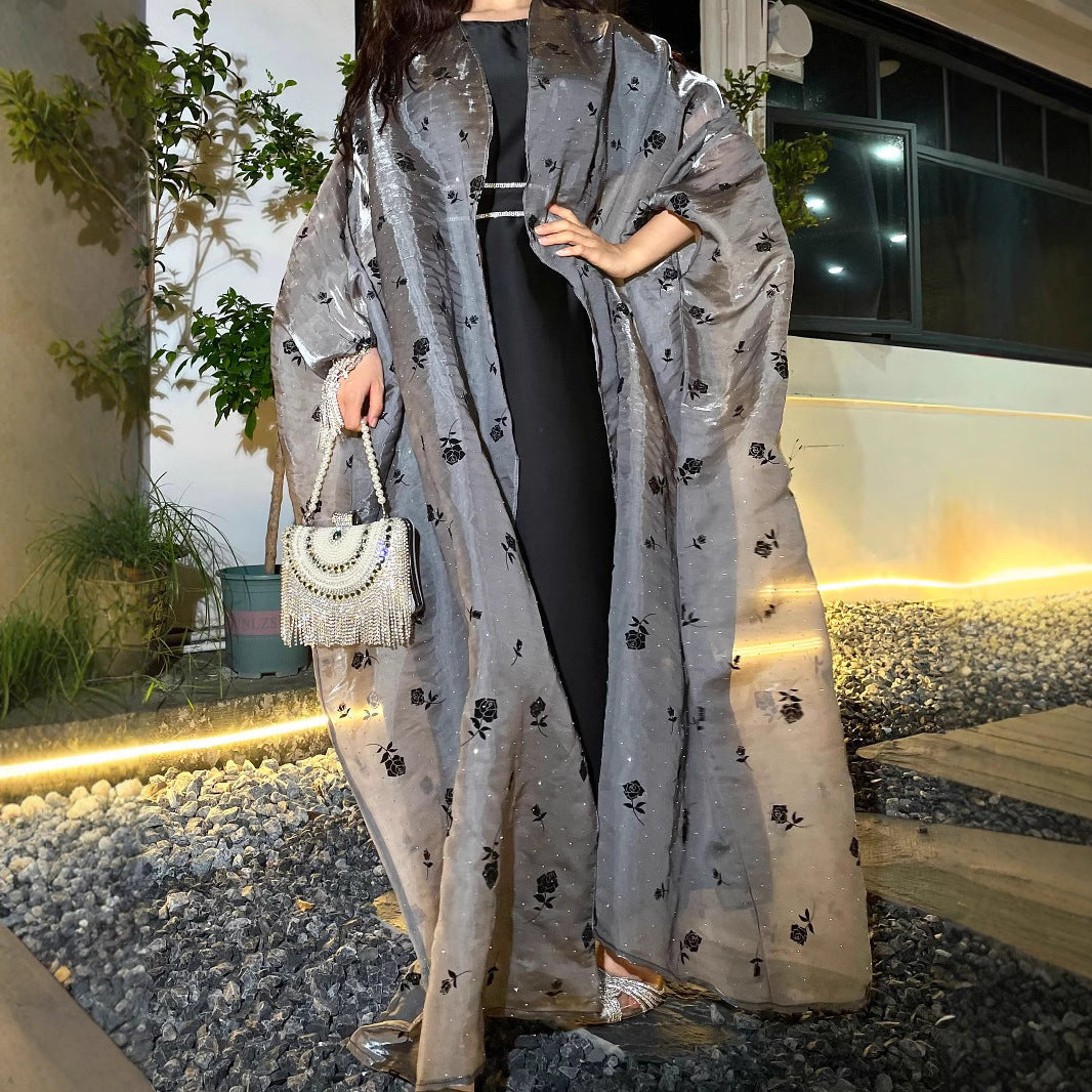 LY10 Cross-border Foreign Trade Women's Muslim Clothing Abaya Simple Rose Flower Outer Skirt Suit Robe