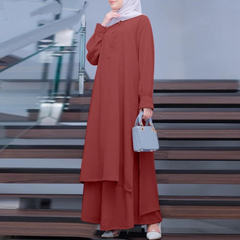 Muslim Solid Color Women&#039;s Two-piece Casual Loose Long-sleeved Wide-leg Pants Suit