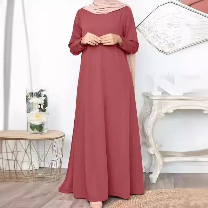 Middle Eastern Muslim Solid Color Loose Pullover Casual Elegant Long-sleeved Long Dress