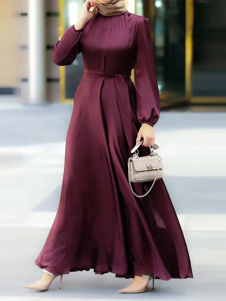 Fashion Muslim Dress Women Satin Party Sundress ZANZEA Puff Sleeve Maxi Vestidos Belted Female Solid Marocain Turkish Robe Femme