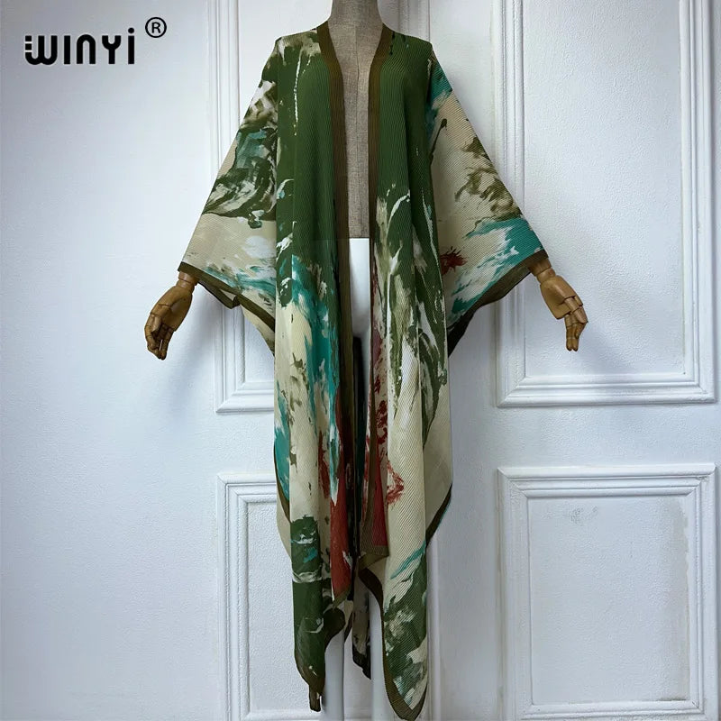 WINYI summer outfit kimono Pleated Tie-dyed print cardigan Beach Wear abaya dubai luxury Holiday beach maxi dress fashion coat