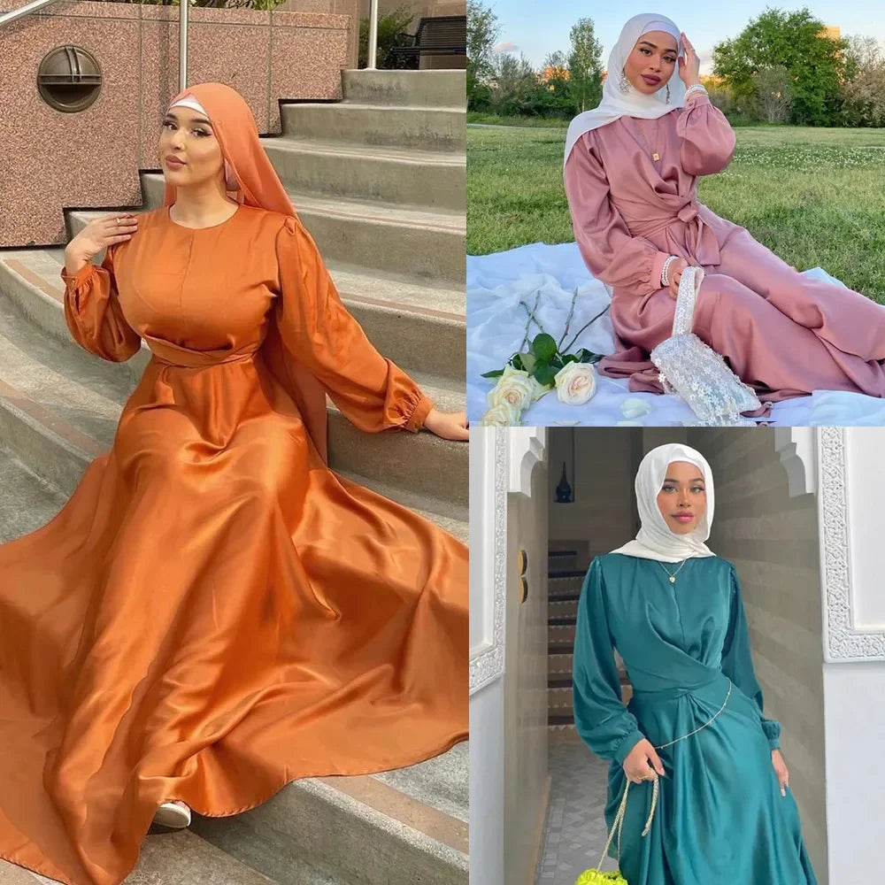 Summer Satin Abaya Hijab Muslim Wrap Dress Eid Mubarak African Dresses for Women Dubai Abayas Turkey Islamic Modest Kaftan Robe