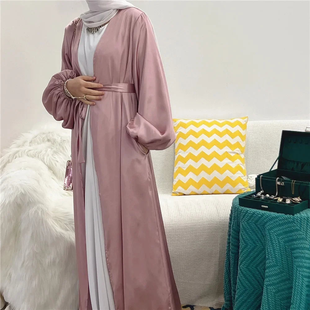 Satin Open Abaya Kimono Turkey BubbleSleeve Plain Abayas for Women Dubai 2023 Muslim Dress Islam Modest Outfit Kaftan Hijab Robe