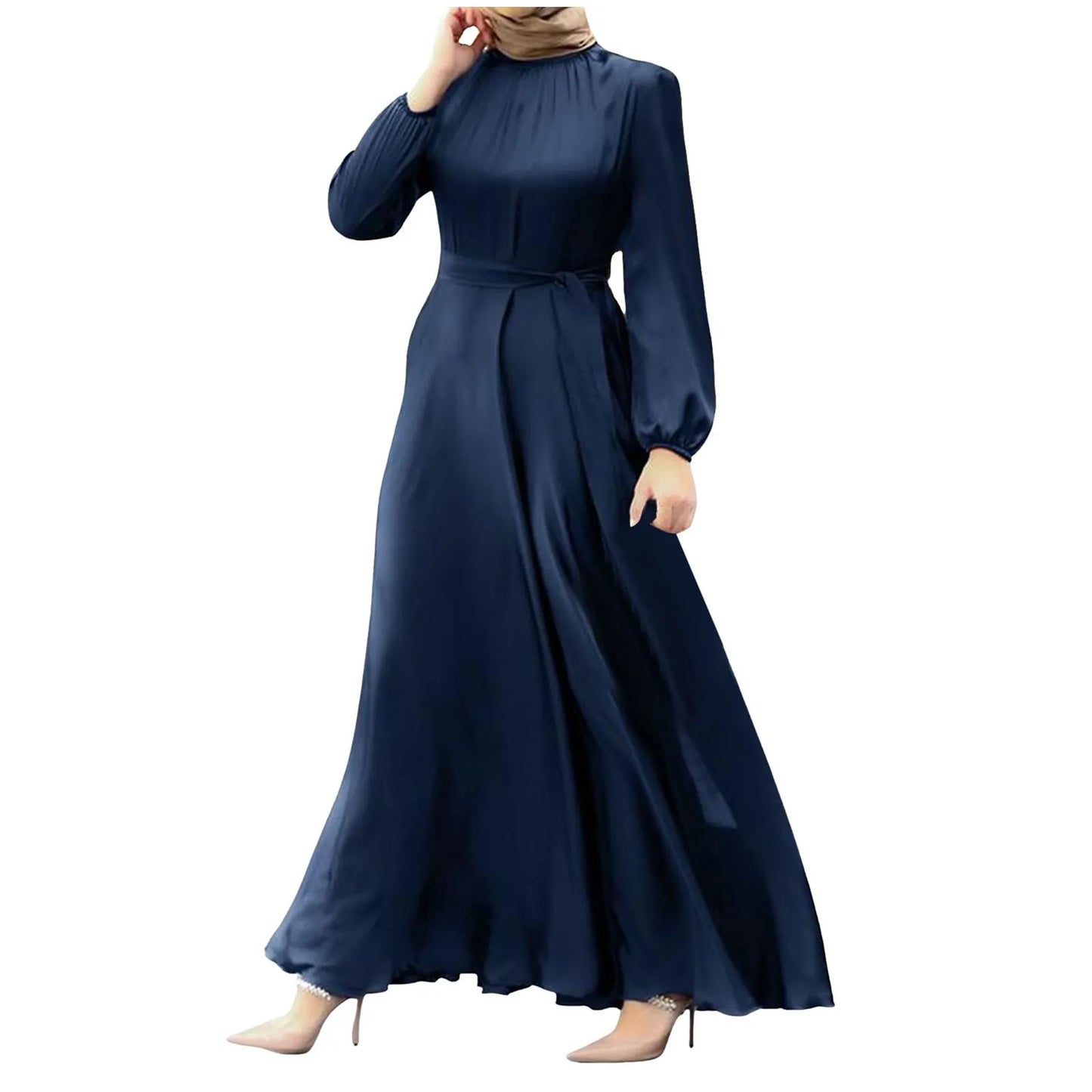 Women'S Muslim Party Solid Satin Maxi Dress 2024 Summer Chic Elegant Puff Sleeve Robe Casual Holiday Swing Kaftan Ol Dubai Abaya