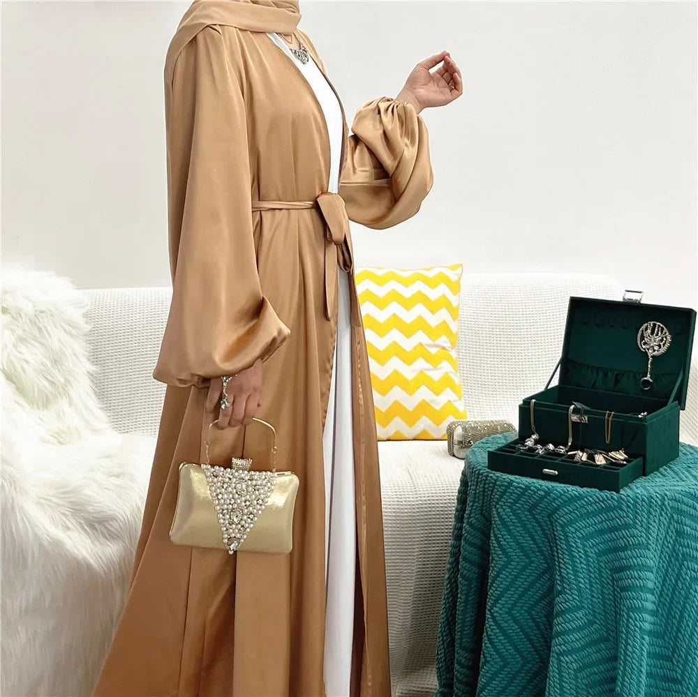 Satin Open Abaya Kimono Turkey BubbleSleeve Plain Abayas for Women Dubai 2023 Muslim Dress Islam Modest Outfit Kaftan Hijab Robe