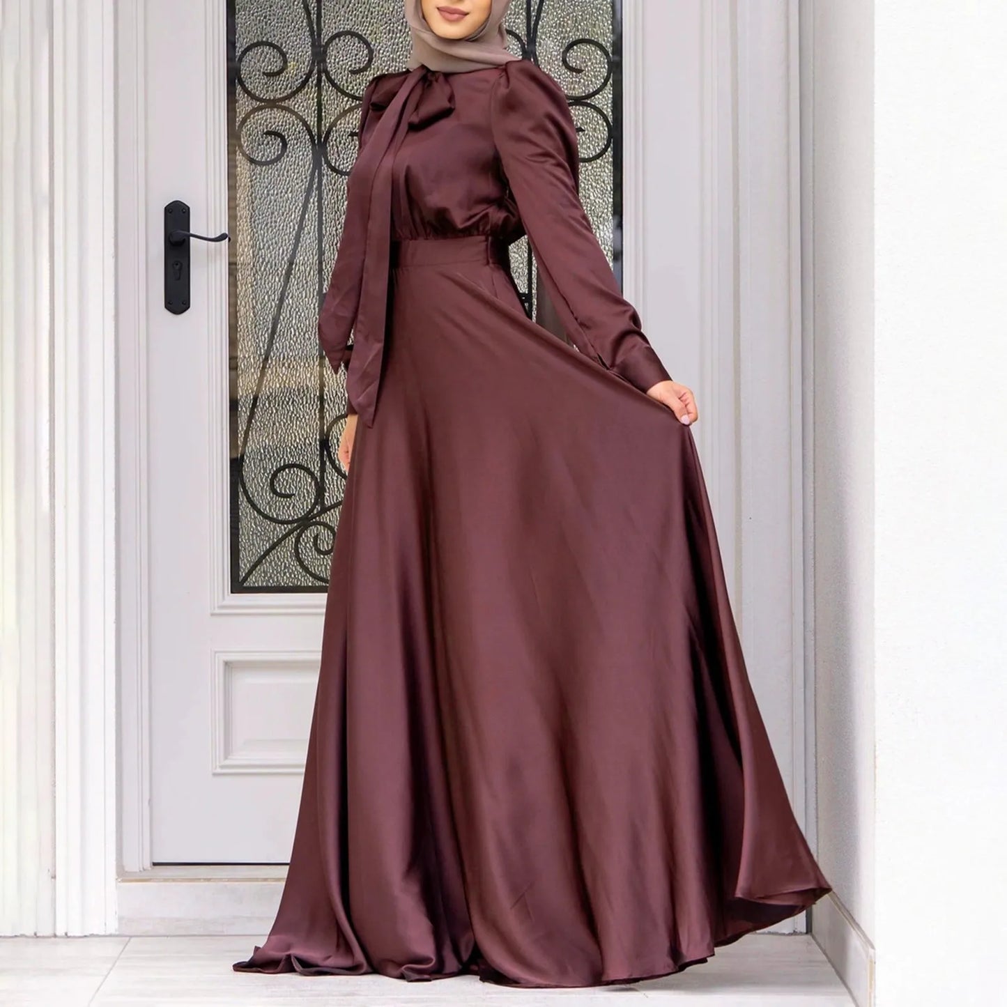 Women's Elegant Temperament Muslim Satin Dress Soft And Stylish Solid Color Long Evening Dress Loose Lace-up Dubai Dress