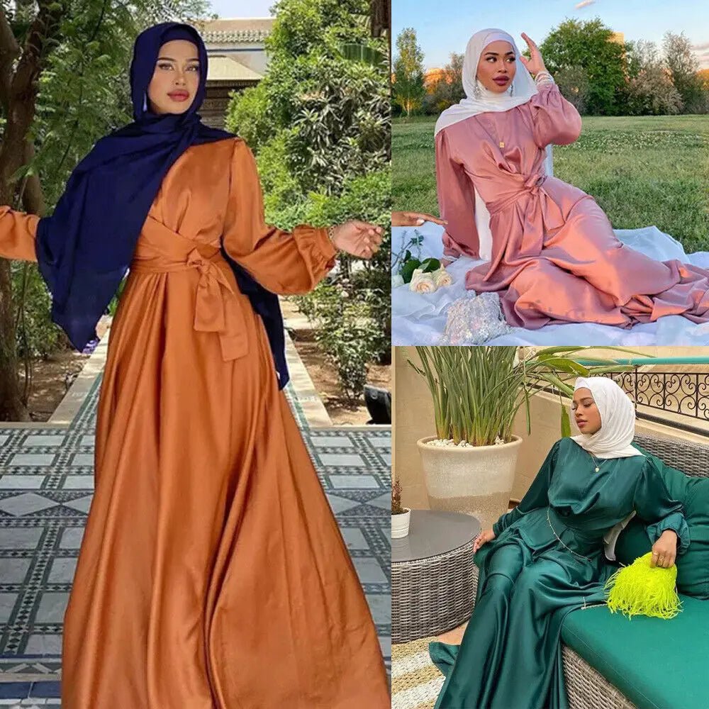 2023 Women Satin Robe Evening Party Long Dress Dubai Fashion Lace Up Belted Gown Muslim Abaya Kaftan Robe Ethnic Vestidos