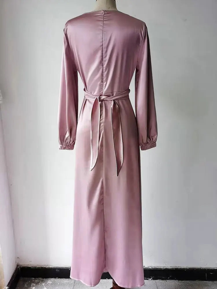 Elegant Abaya Satin Wrap Muslim Long Dress for Women Modern Hijab Robe Islamic Clothing Dubai Turkish Modest Dresses Ramadan Eid