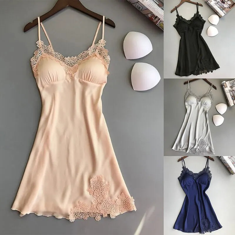 Ladies Sexy Silk Satin Night Dress Sleeveless Nighties V-neck Nightgown Nightdress Lace Sleepwear Nightwear For Women S-XL